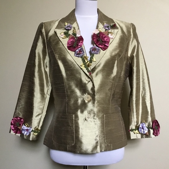 JACKIE JON NY taupe Floral applique jacket 10 - Picture 1 of 3